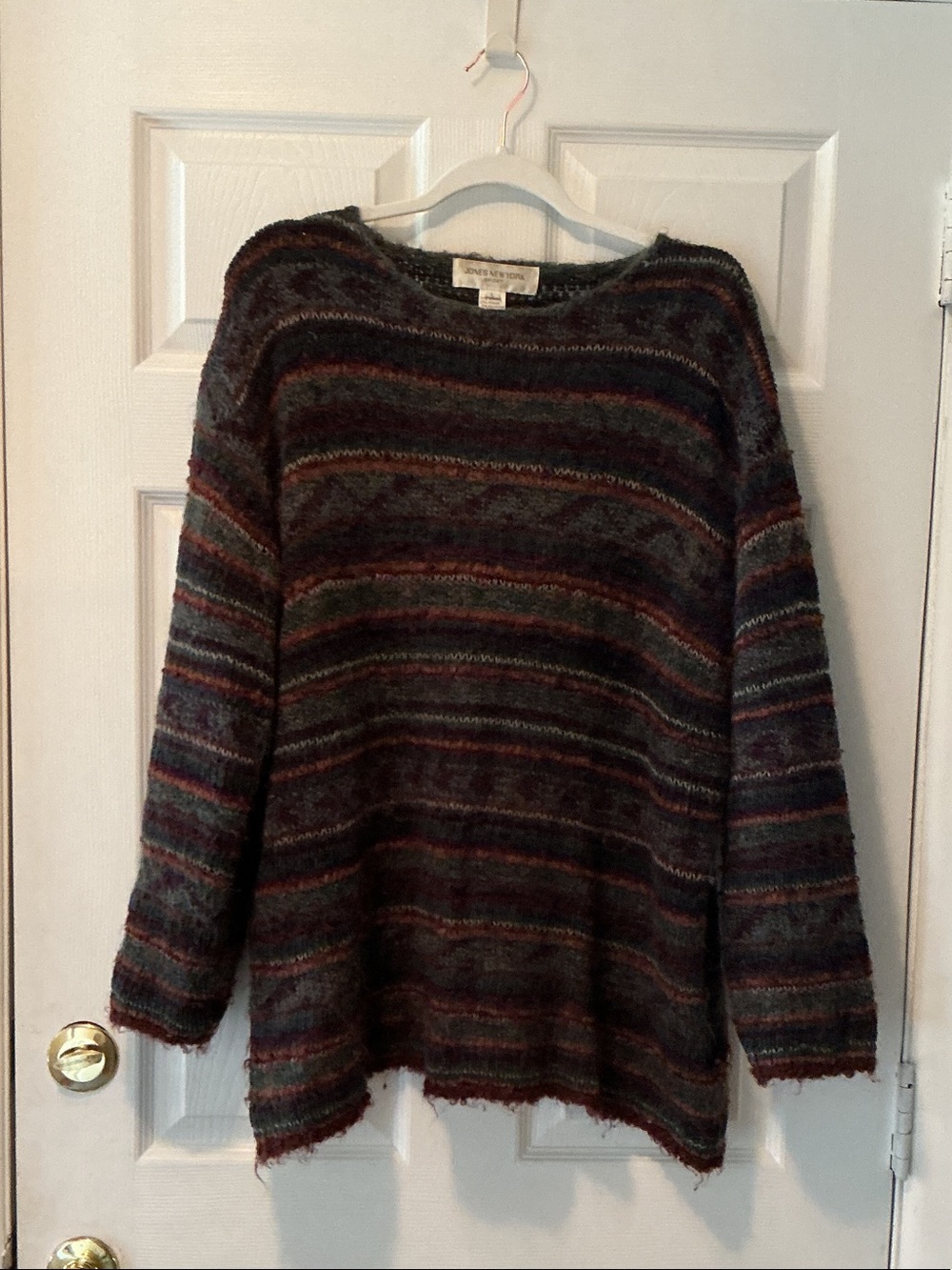 Jones New York Striped Crewneck Sweater in Gray, Brown, Green